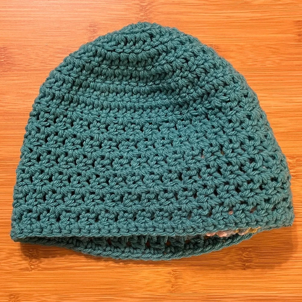Handcrafted Teal Crochet Beanie with Multicolor Flower